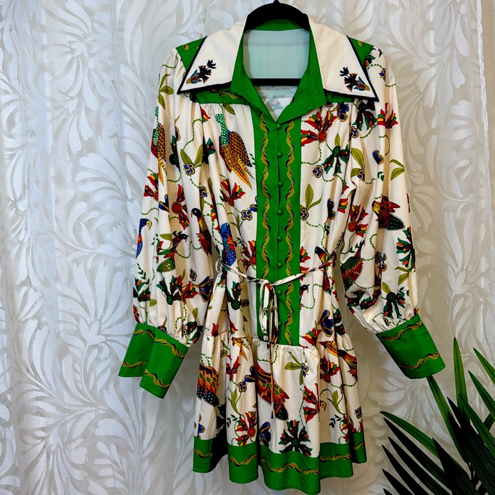 Multi Color Green/Cream Floral with Bird Patterned Dress